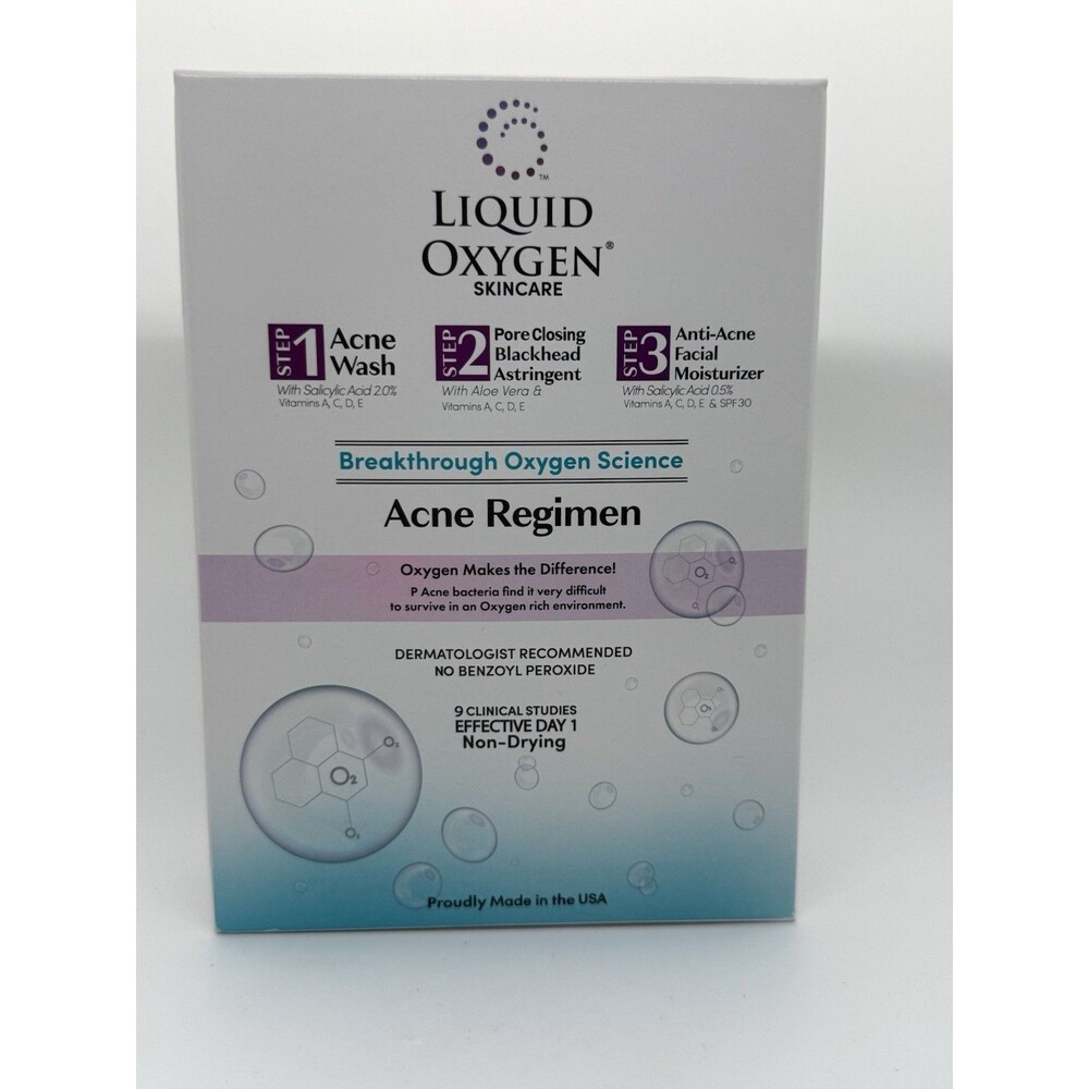 Liquid Oxygen Skincare Acne Regimen 3 Set Wash Astringent Moisturizer Exp 04/26